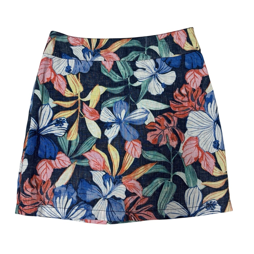 Tommy‎ Bahama Skirt Navy Tropical Floral 100% Linen Sz 8 Lined Beach Summer